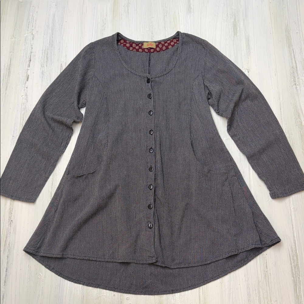 Tulip Button-Down Tunic "Ivy Jacket" Lagenlook Grey Pin/Ticking Stripe Sz S